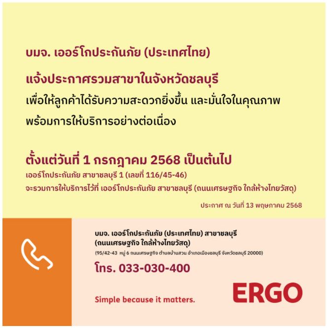ERGO สาขาชลบุรี 1 (เลขที่ 116/45-46) จะปิดให้บริการ 1 ก.ค. 68
