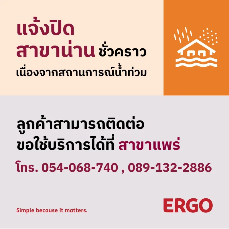 แจ้งปิดสาขาน่าน ชั่วคราว เนื่องจากสถานการณ์น้ำท่วม